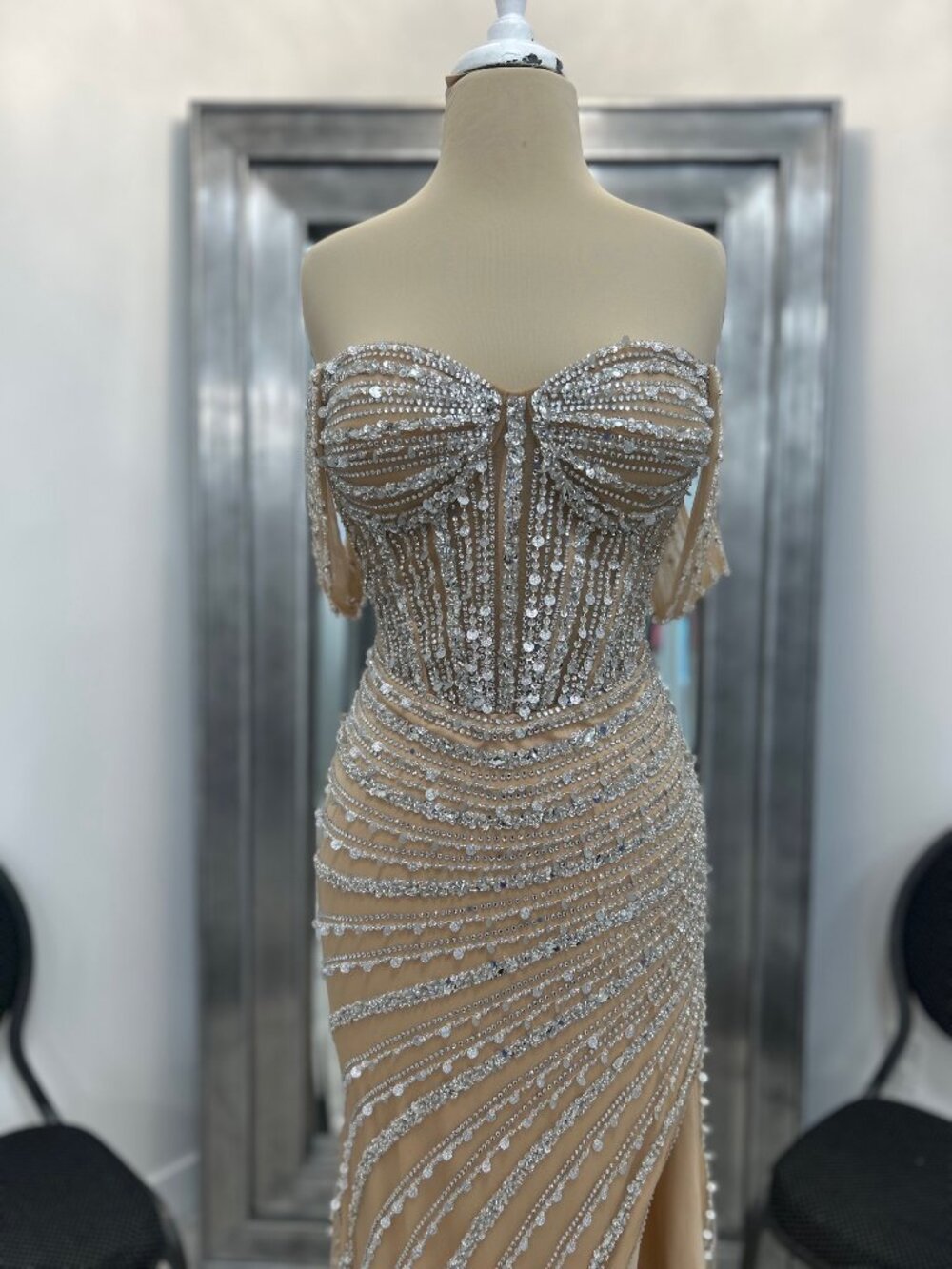Clarisse 811106 Nude Silver Beaded Prom Pageant Evening Gown Multiple Sizes - Picture 6 of 8